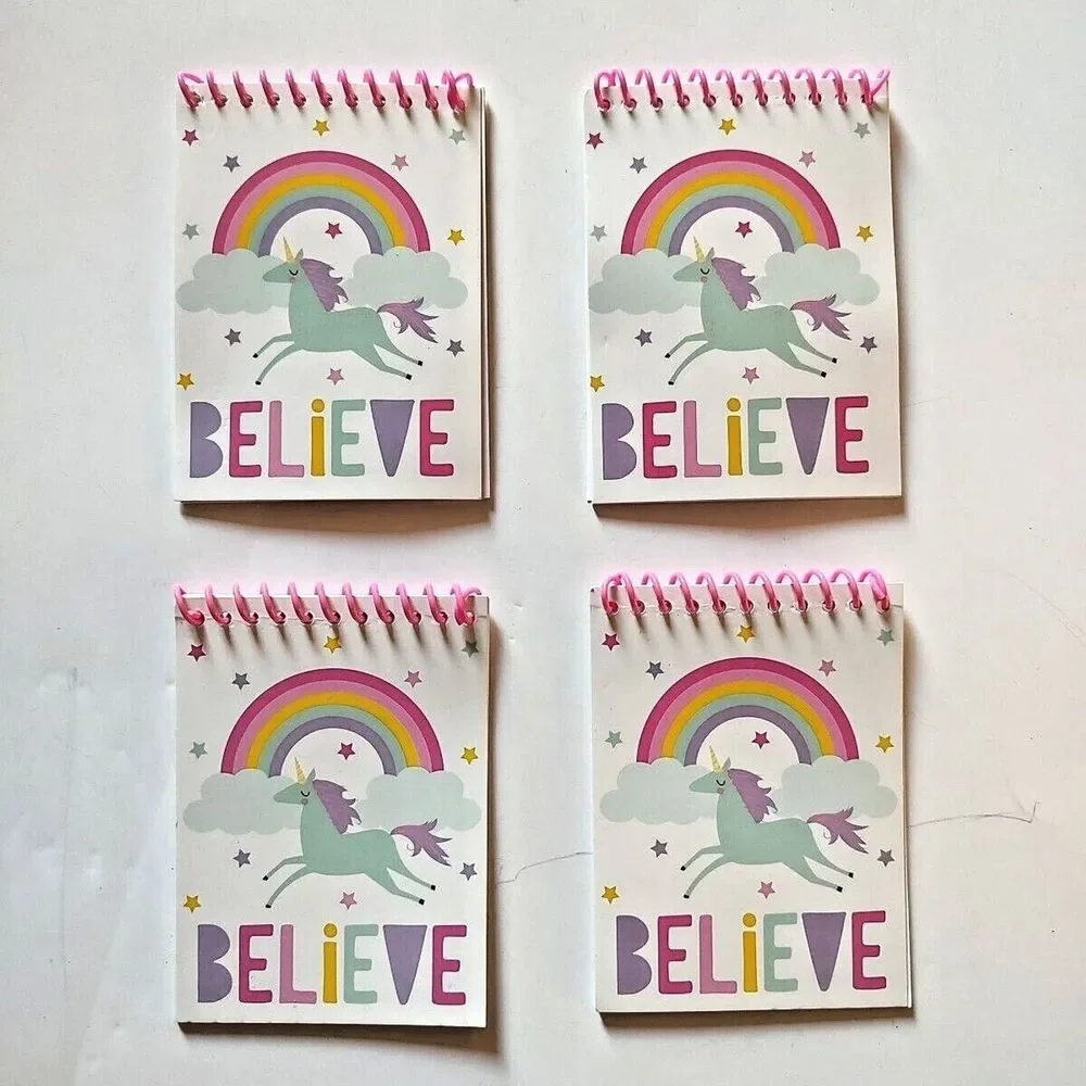 Lot of 4 Mini Spiral Paper Notebooks Party Favors Believe Unicorn Rainbow Stars